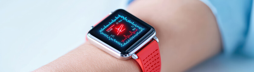 Poster - close up of wearable health monitor displaying heart rate data on wrist. This device tracks vital signs and promotes wellness