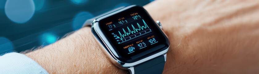 Poster - close up of wearable health monitor displaying heart rate and activity data on wrist. This device tracks fitness metrics effectively