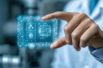Poster - close up of hand interacting with advanced AI interface, showcasing digital controls and manufacturing elements