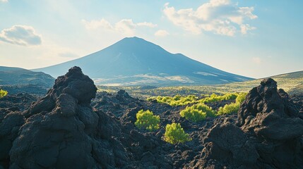 Poster - A majestic volcano rises above a landscape of black lava and vibrant green vegetation.