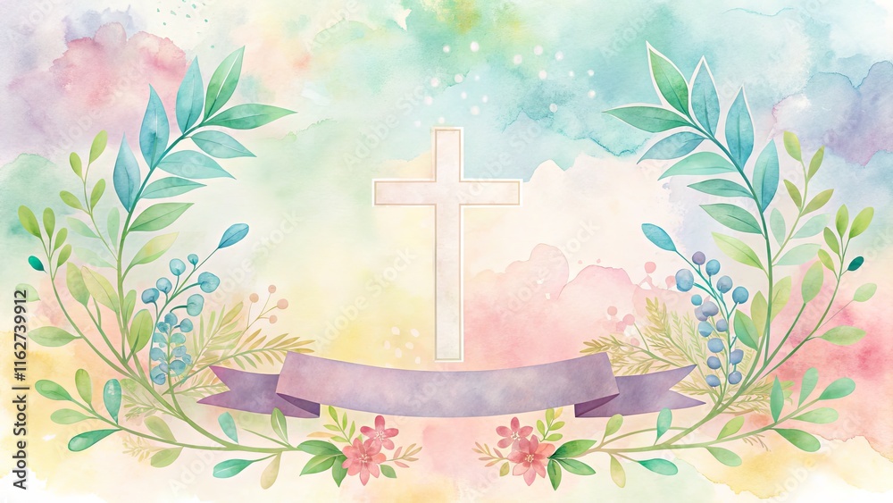 Minimalist Christian Cross Clipart with Watercolor Easter Theme Border ...
