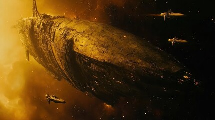 Poster - A massive spacecraft surrounded by smaller ships in a cosmic setting.