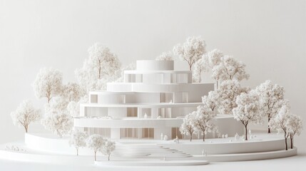 Poster - A minimalist architectural model surrounded by trees, depicting a serene landscape.
