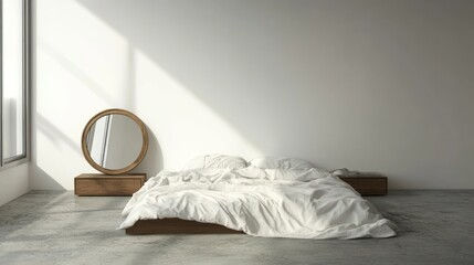 Aufkleber - A minimalist bedroom featuring a bed, mirror, and natural light.