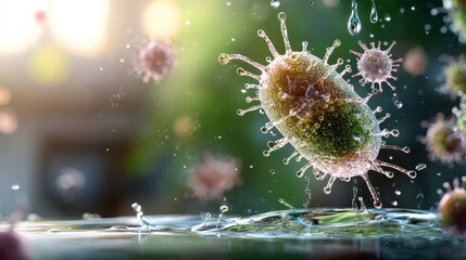 Poster - A vibrant depiction of microorganisms in a liquid environment, showcasing their intricate structures and dynamic movement.