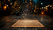 © abid - Wooden square on snowy winter market background.