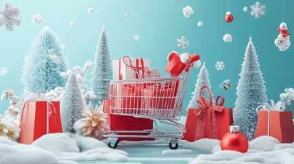 Wall Mural - Creative e-commerce ad featuring 3D shopping carts, bags, and a festive winter theme