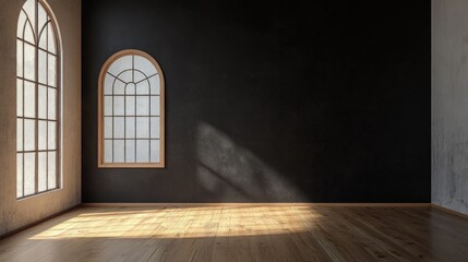Poster - A minimalist interior featuring large windows and wooden flooring with natural light.