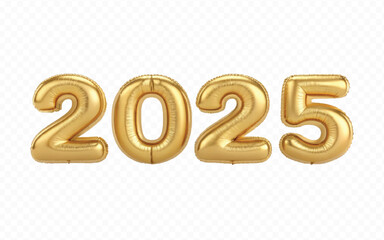 Poster - abstract 3d 2025 text  made with different golden colour hellium balloons isolated on white background
