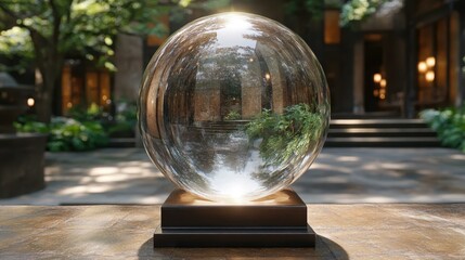 Magic Sphere. Crystal ball transparent globe reflective surface on woo