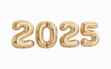 Poster - abstract 3d 2025 text  made with different golden colour hellium balloons isolated on white background