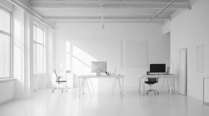 Aufkleber - A minimalist office space featuring desks, computers, and large windows for natural light.