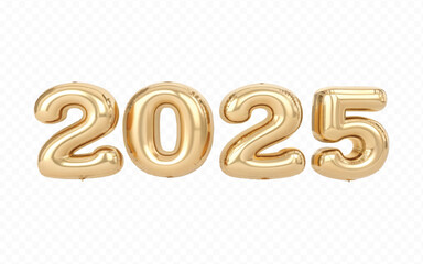 Poster - abstract 3d 2025 text  made with different golden colour hellium balloons isolated on white background