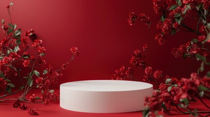 Poster - A minimalistic display featuring a white platform surrounded by vibrant red flowers.