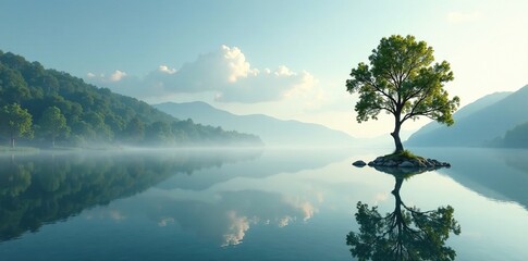 Canvas Print - River's surface mirrors a lone tree's outline, lake, serene