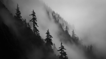 Poster - A misty forest landscape with silhouetted trees creating a moody atmosphere.