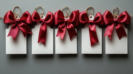 horizontal row of white gift tags with large red bows on gray background