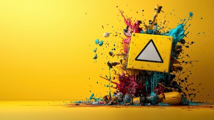 Poster - A bright yellow backdrop features a colorful explosion of paint behind a triangular warning sign, creating a dynamic and artistic visual impact.