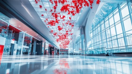 Poster - A modern airport interior with a striking red leaf installation overhead.