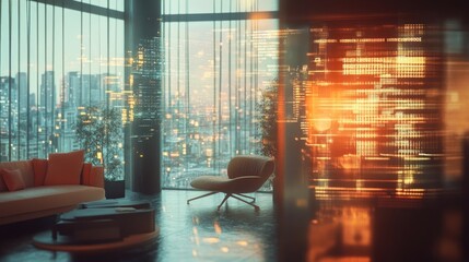 Aufkleber - A modern interior with a city view, blending comfort and technology.