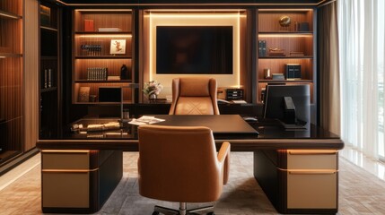 Poster - A modern office space featuring a sleek desk, comfortable chair, and organized shelves.