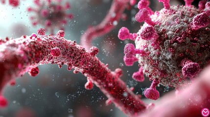 Poster - a close-up view of a virus, showcasing intricate details of its structure, including spiky proteins 