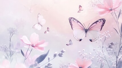 Poster - Abstract pastel nature background with a sunrise, butterflies, and soft flowers for a serene touch