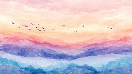 Poster - Abstract peaceful summer morning sky with flocking birds at sunrise for tranquil design projects