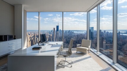 Poster - A modern office with a panoramic city view, featuring sleek furniture and large windows.