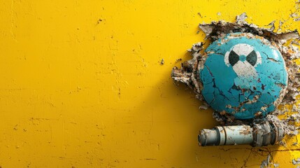 Poster - Vivid splash of blue paint breaking through yellow wall urban art installation creative expression close-up view