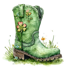 Wall Mural - vibrant green boot adorned with colorful flowers and clovers, perfect for St. Patrick Day celebrations. This watercolor illustration captures essence of spring and festive spirit