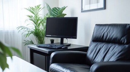 Poster - A modern workspace featuring a computer and a comfortable chair beside a plant.
