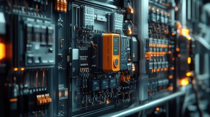 Poster - An arrangement of power supplies, converters, and electronic modules for industrial use, 8k, realistic, full ultra HD, high resolution, cinematic photography