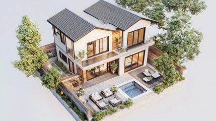 Poster - A two-story 3D house model with clean geometric designs, a private pool, and an outdoor lounge area,
