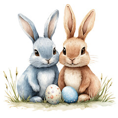 Wall Mural - Watercolor rabbits in Easter theme, featuring blue and brown bunny with colorful eggs. Perfect for spring celebrations and festive decorations