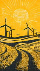 Wall Mural - Golden Sunlit Field With Wind Turbines