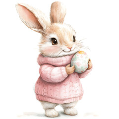 Wall Mural - cute watercolor rabbit in pink outfit holds decorated Easter egg, radiating joy and warmth. This charming illustration captures essence of spring and celebration