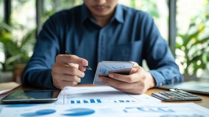 Poster - a person analyzing data on a smartphone while reviewing charts and calculations at a desk.