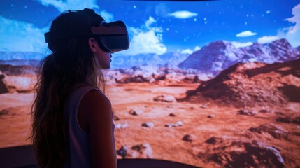 Poster - A person wearing a VR headset experiences a simulated Martian landscape.