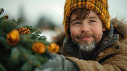 Wall Mural - A joyful family cutting down their own Christmas tree at a tree farm. Experience the fun of picking and decorating your tree