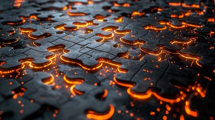 Poster - Floating semi transparent puzzle pieces glowing edges and intricate digital patterns are connecting on clean background illustrating high tech innovative concept.