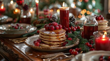 Wall Mural - A table set for Christmas breakfast, complete with pancakes, syrup, and festive decorations. Start the day with a special holiday meal