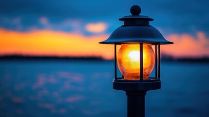 Poster - Illuminated lamp post at sunset over water.