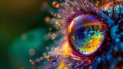 Poster - close-up of a vibrant, colorful droplet on a dandelion, capturing its intricate details and the surrounding tiny water droplets.