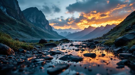 Poster - breathtaking landscape during sunset, showcasing a river flowing through rocky terrain, with mountains in the background and a dramatic sky above.