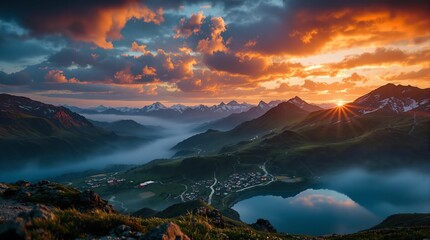 Poster - stunning mountainous landscape during sunset. The sky is filled with vibrant colors, and the mountains are bathed in warm light. There is a serene lake at the base of the mountains, reflecting the col