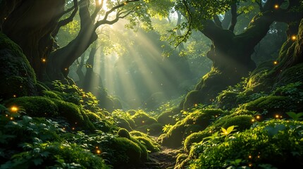Aufkleber - lush, sunlit forest scene with vibrant greenery and a beam of sunlight streaming through the trees, creating a serene and magical atmosphere.