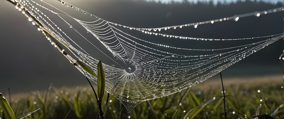 Wall Mural - A stunning close up of dew droplets clinging to a spider web in the early morning light showcasing natures delicate artistry