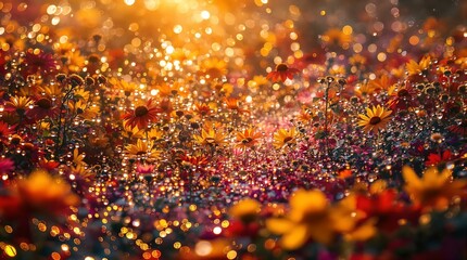 Poster - vibrant scene with colorful flowers and a background of blurred lights, creating a bokeh effect. The lights appear to be of various colors, adding a festive or celebratory atmosphere to the scene.