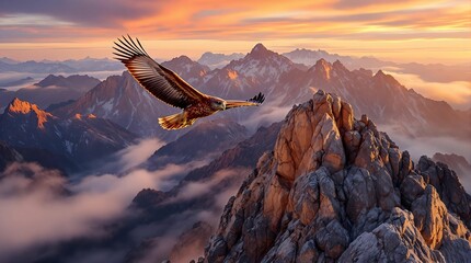 Fototapete - majestic eagle soaring in flight with a picturesque mountainous landscape in the background, bathed in the warm hues of either sunrise or sunset.